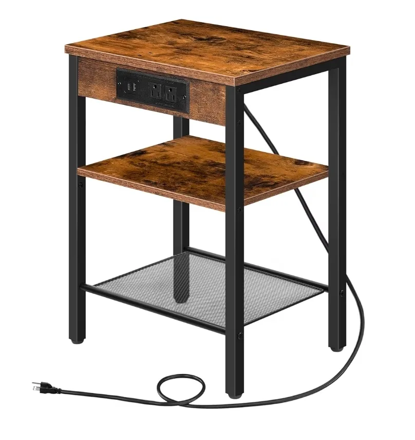 Side Table with Charging Station - Rustic Brown