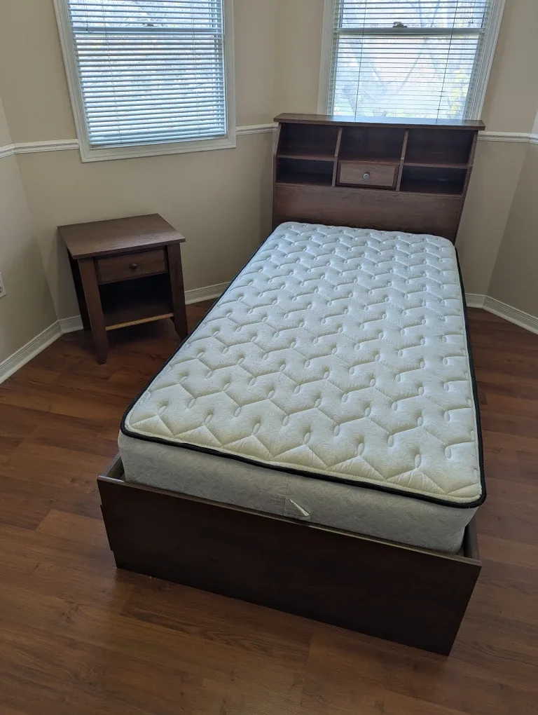 Twin Size Bed Frame with Mattress & Nightstand