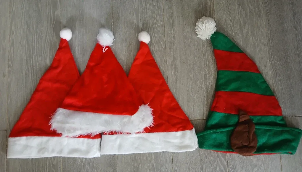 3 Red & White Santa Hats. 1 Elf Hat available. ALL for $7.