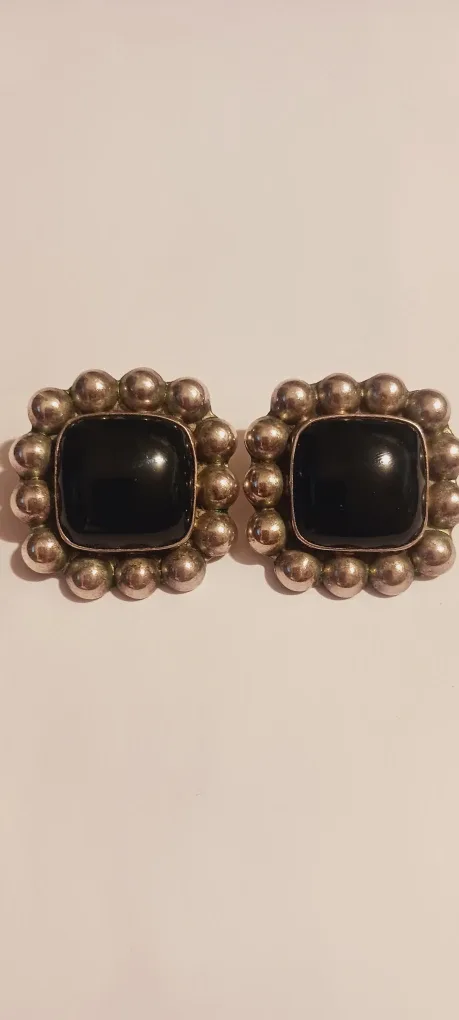 Modernist Sterling Silver 925 Black Onyx Clip-on Earrings