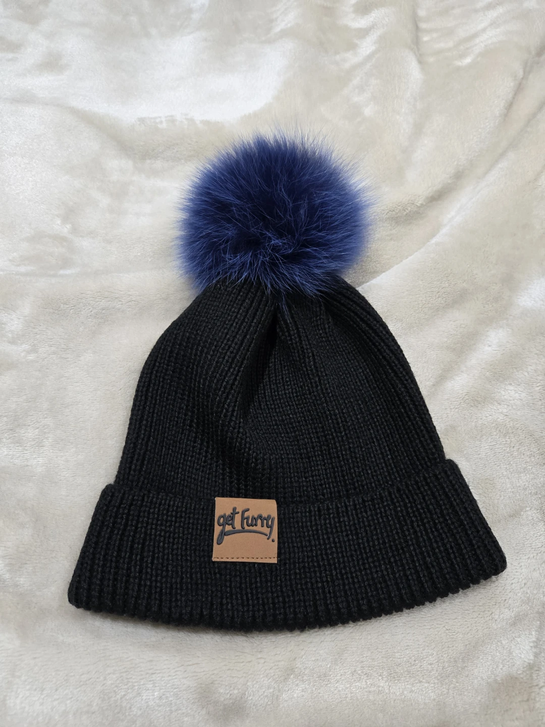 Black Beanie with Blue Pom Pom