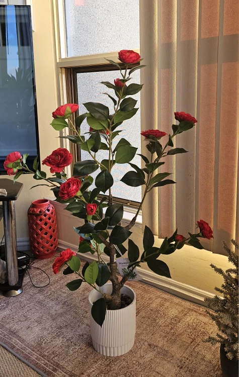 Silk Flower Potted Camellia Tree - Red, 3ft