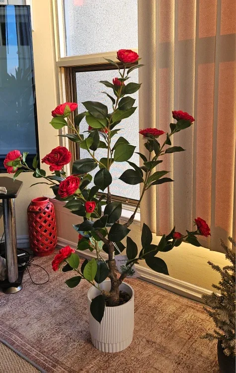 Silk Flower Potted Camellia Tree - Red, 3ft