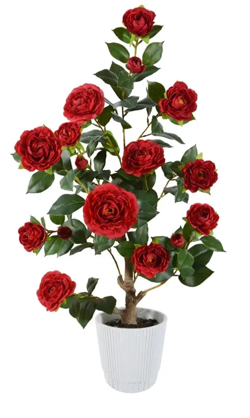 Silk Flower Potted Camellia Tree - Red, 3ft image indicator(2)