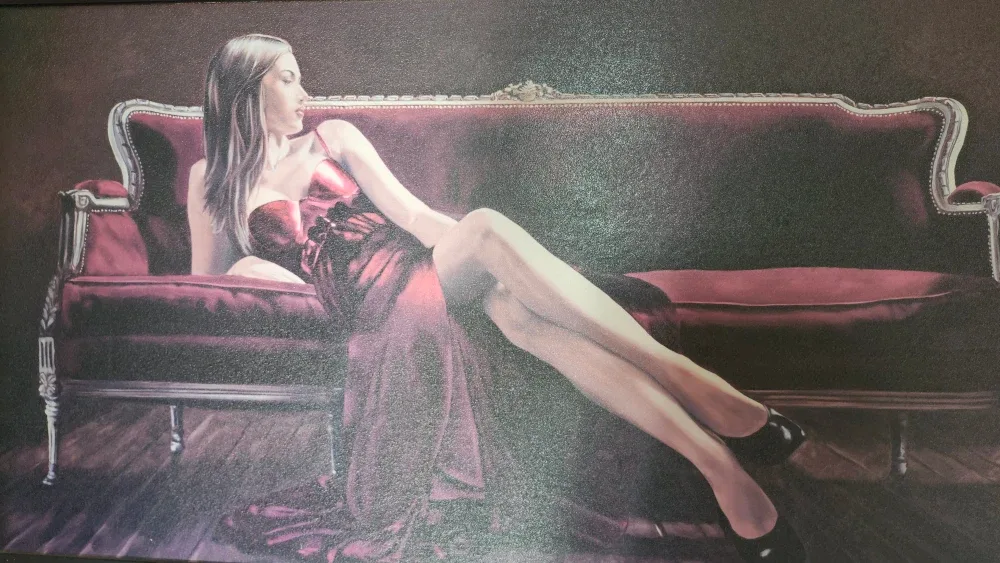 Framed Art Print Woman in Red on Vintage Sofa image indicator(3)