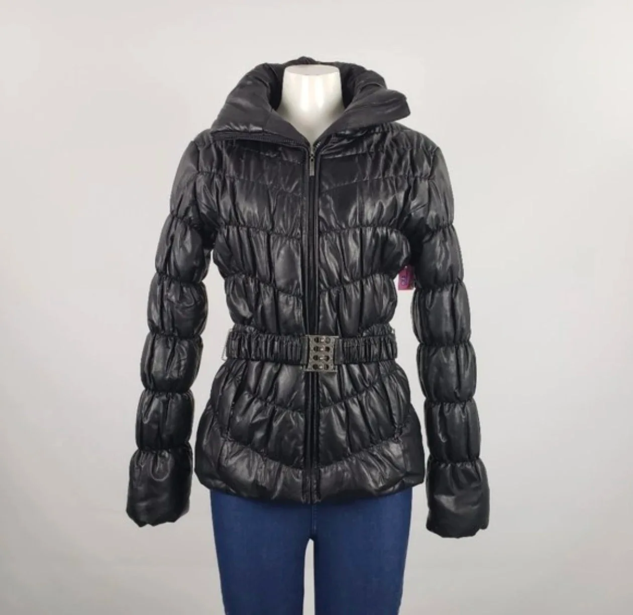 Beulah Black Puffer Belted Jacket Size S