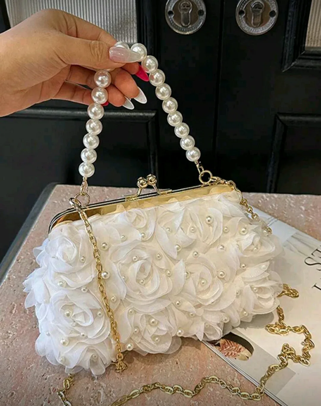 White Floral & Pearl Evening Bag