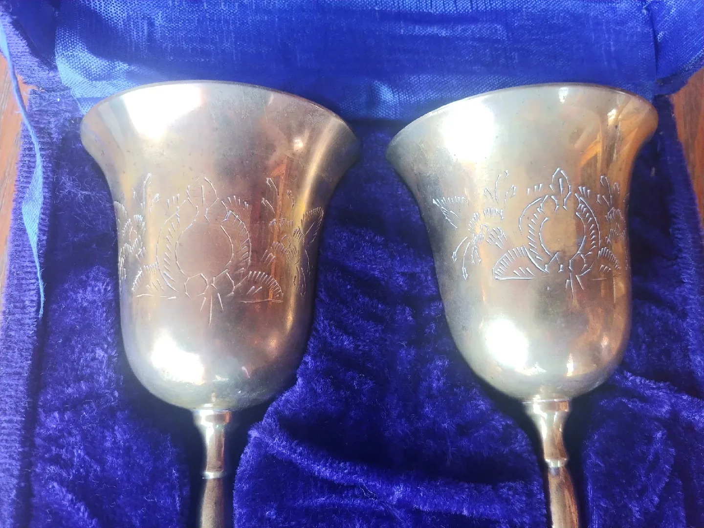 Vintage Brass Goblets Set in Blue Velvet Box image indicator(3)