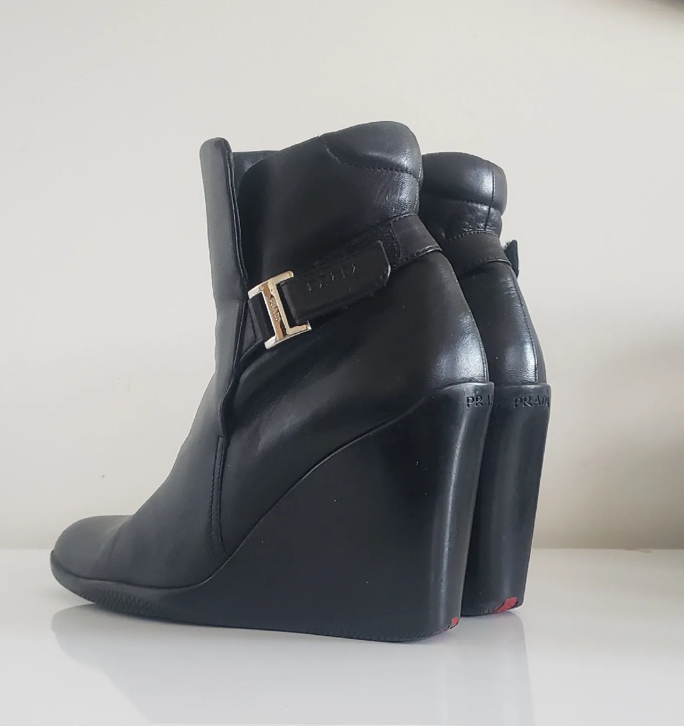 Prada Black Leather Wedge Boots Sz 38