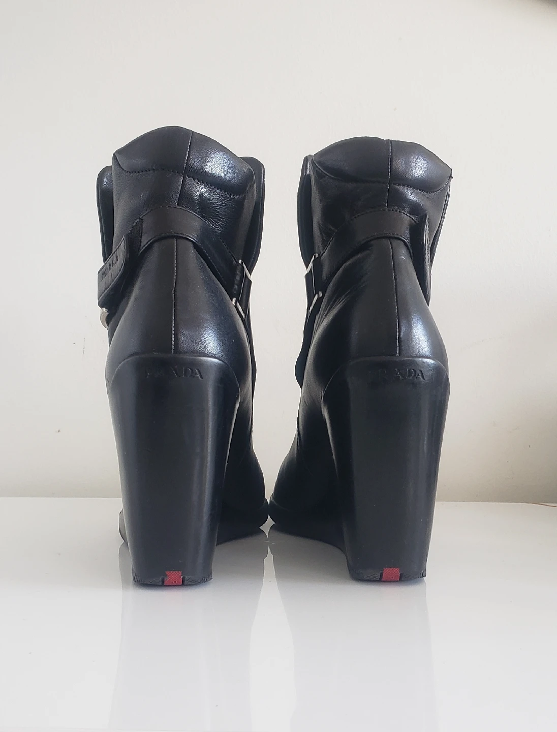 Prada Black Leather Wedge Boots Sz 38 - photo 3
