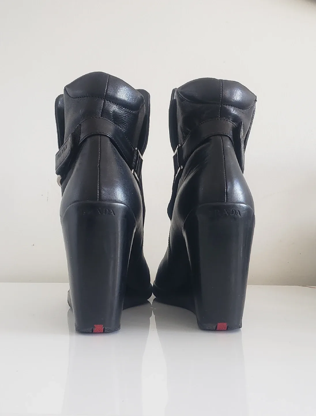 Prada Black Leather Wedge Boots Sz 38 image indicator(3)