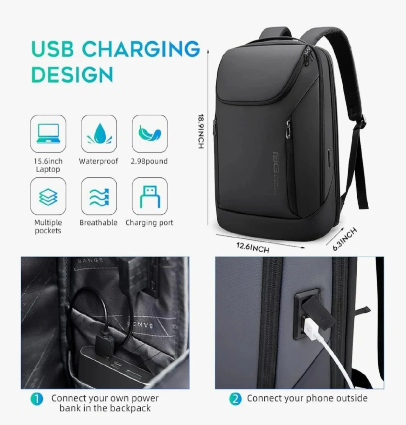 BANGE Business Smart 15.6" Laptop Backpack - Black - photo 4
