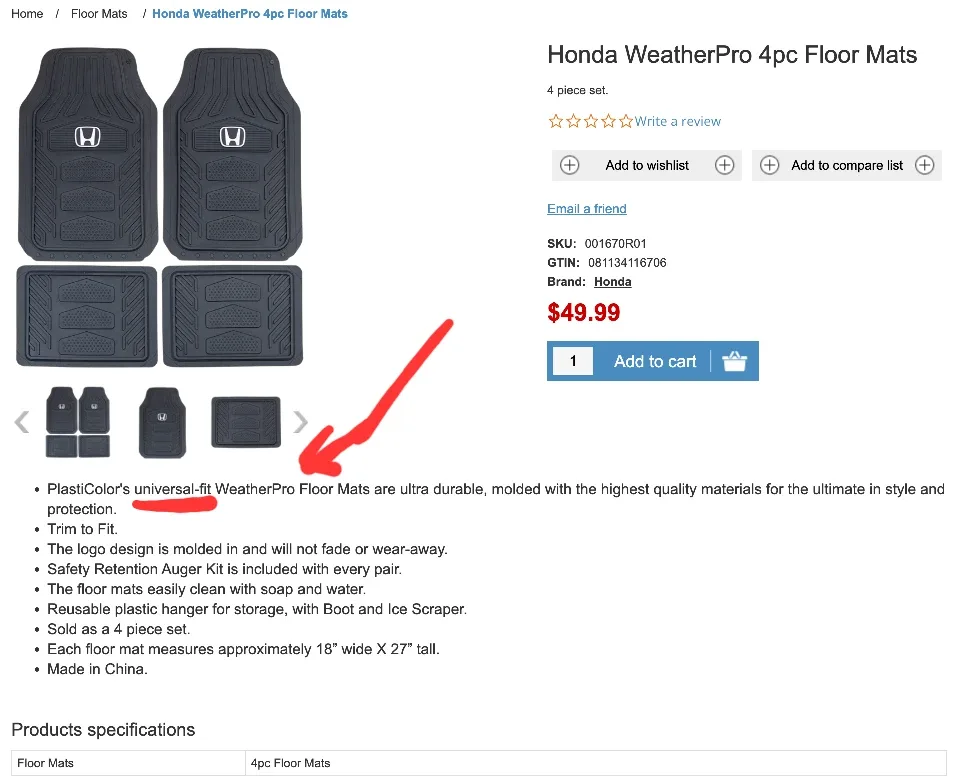 Honda WeatherPro Floor Mats, 4-pk image indicator(8)