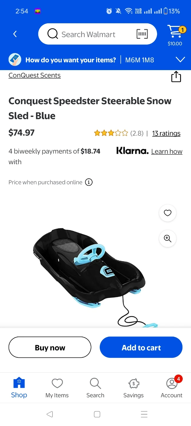 Brand New Conquest Speedster Steerable Snow Sled - Blue