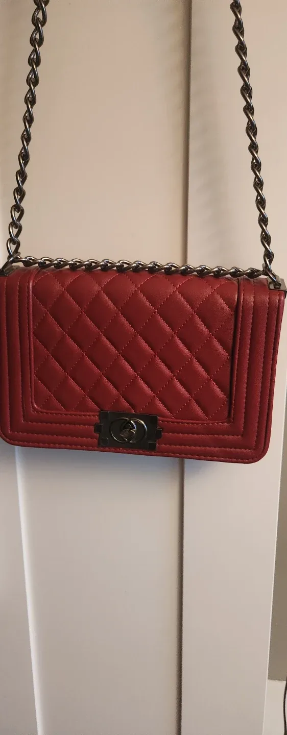 Red Quilted Shoulder Bag with Chain Strap thumbnail