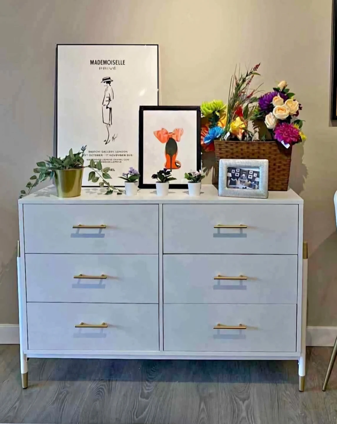 New MCM Style White And Gold Dresser With 6 Drawers