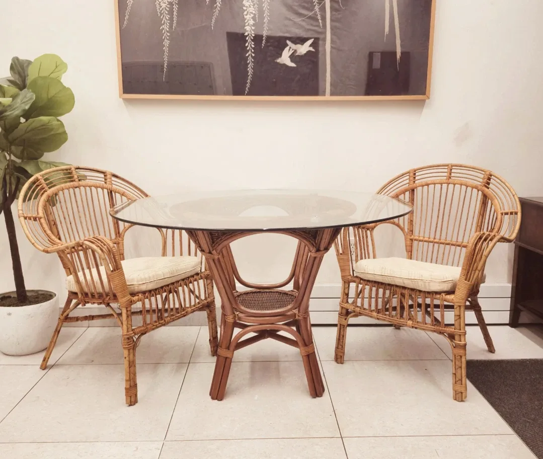 Bohemian Rattan Base Dining Table With New Tempered Glass Top