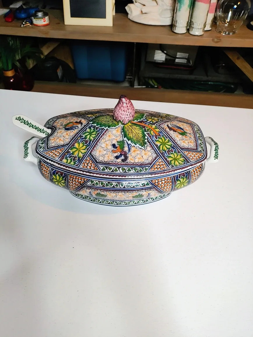 Vintage Hand-Painted Portuguese Lidded Tureen & Spoon