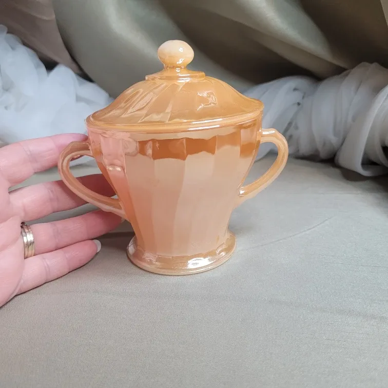 Anchor Hocking Fire-King Peach Lustre sugar bowl with lid image indicator(6)