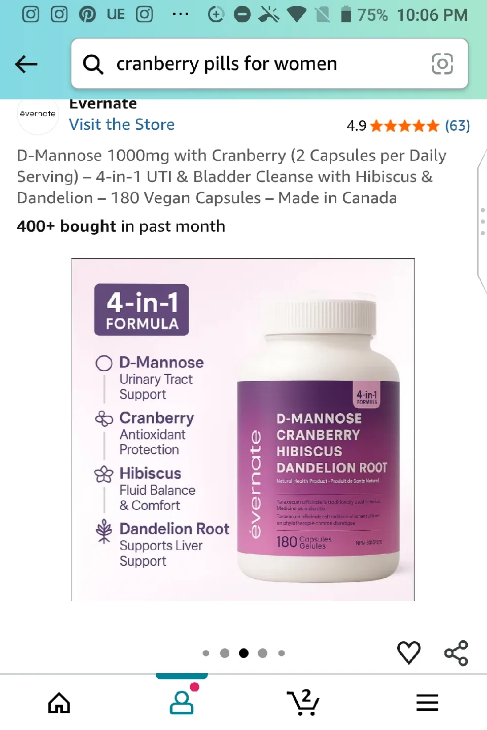 Evernate D-Mannose Cranberry Capsules - 180 Vegan Capsules image indicator(3)