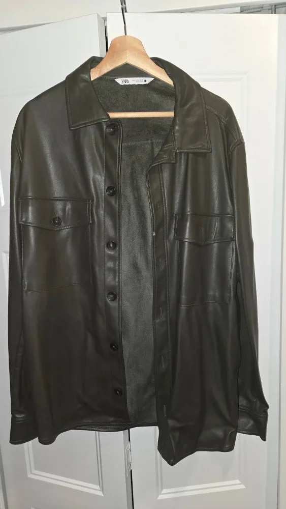 Zara Faux Leather Olive Green Shirt Jacket - Size L