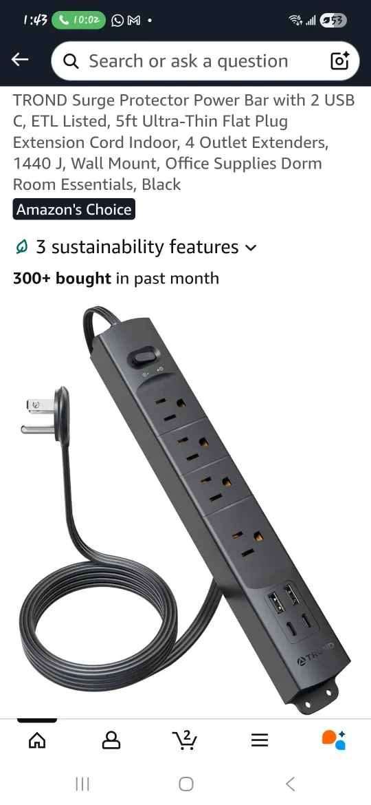 TROND Surge Protector Power Bar - 4 Outlets, 2 USB thumbnail