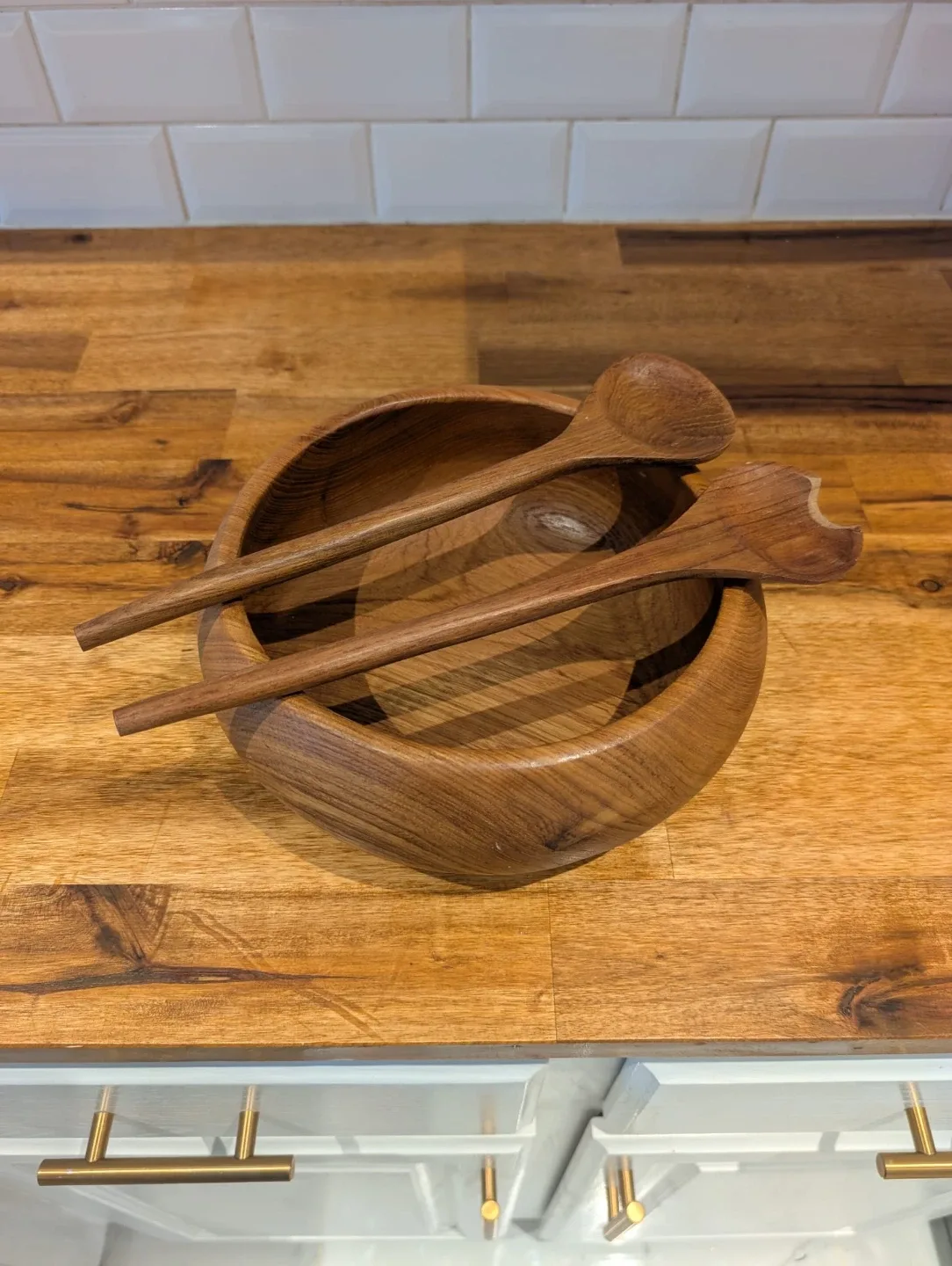 MCM Teak Salad Bowl with Serving Spoons image indicator(2)