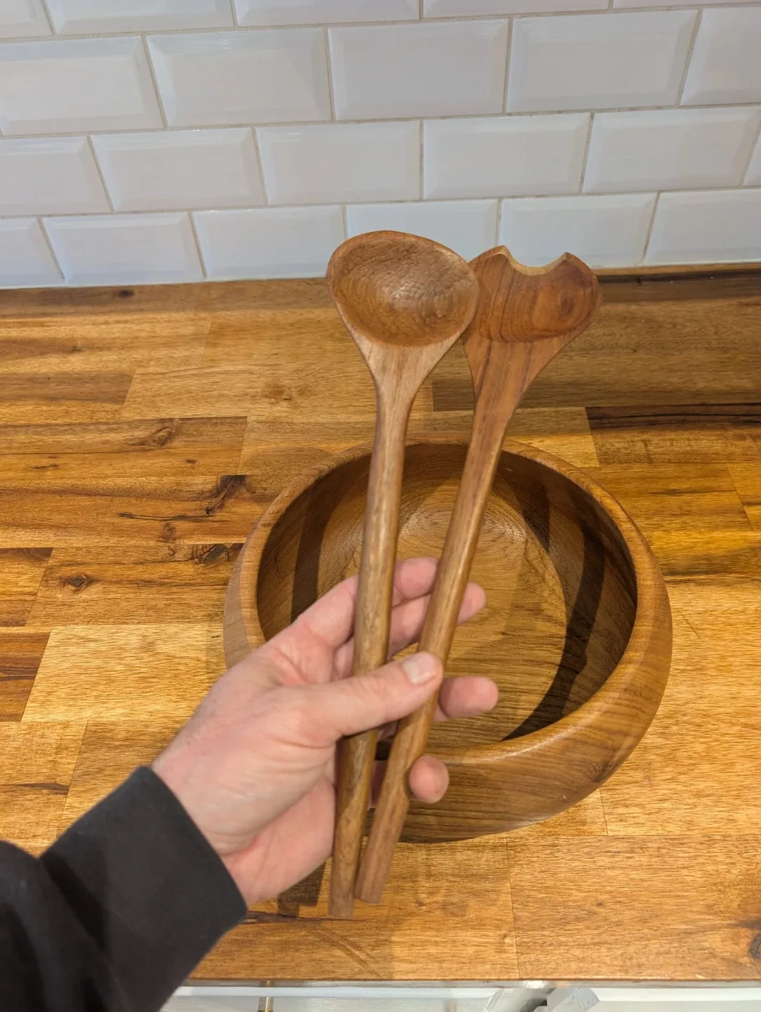 MCM Teak Salad Bowl with Serving Spoons image indicator(4)
