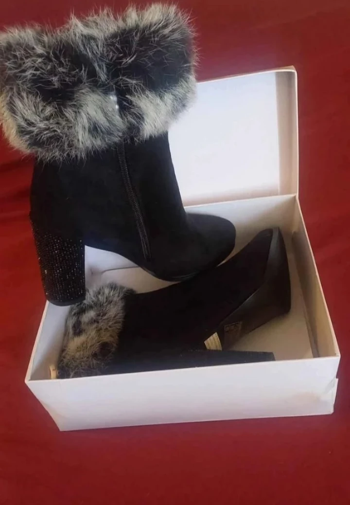 Black Suede Fur Trimmed Ankle Boots - photo 2