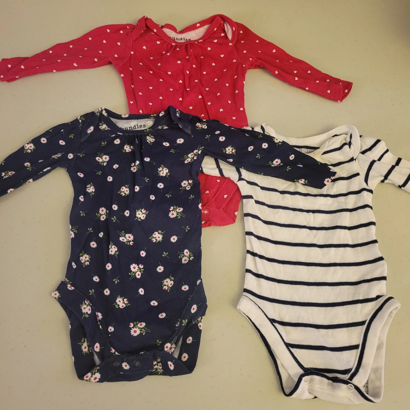Bundles Baby Bodysuits (3) - Red, Floral, Striped 0-3mo