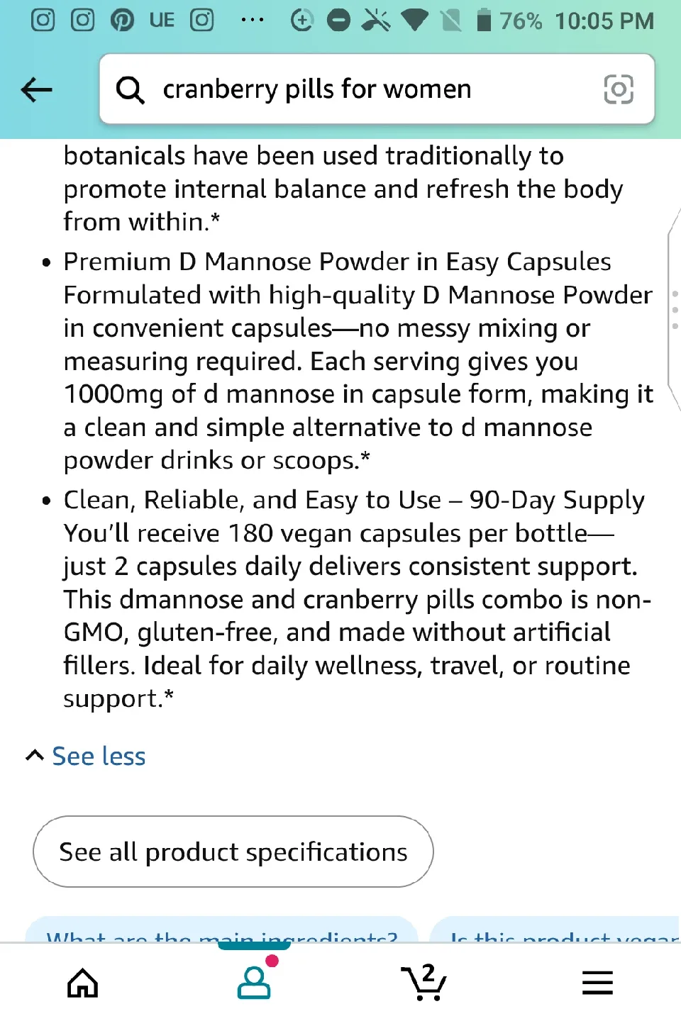 Evernate D-Mannose Cranberry Capsules - 180 Vegan Capsules image indicator(4)
