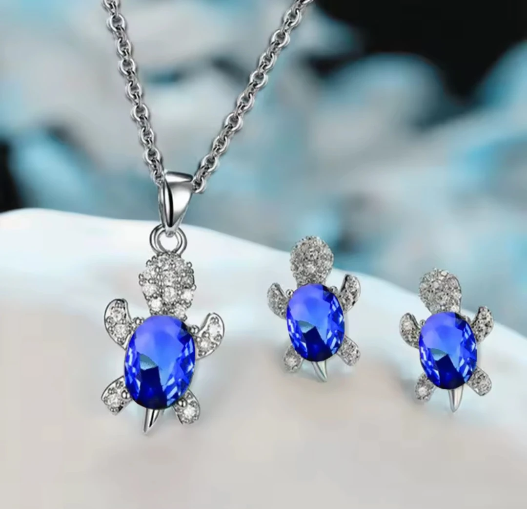 Turtle Pendant Necklace & Earrings Set - Blue