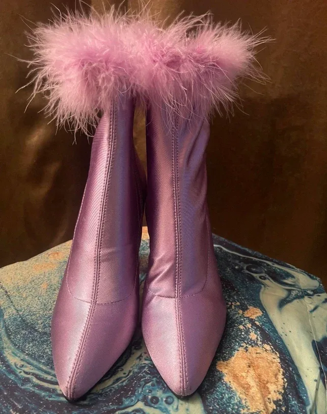 Lilac Ankle Boots with Feather Trim