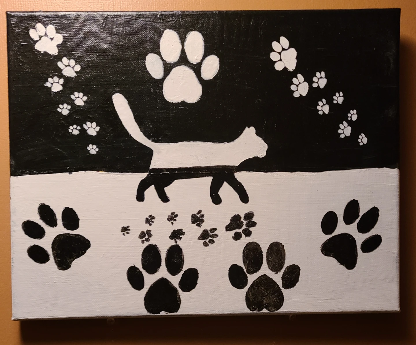 Hand-Painted Cat and Paw Prints Canvas