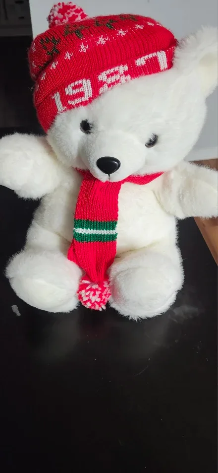 White Plush Bear with Red Scarf & Hat