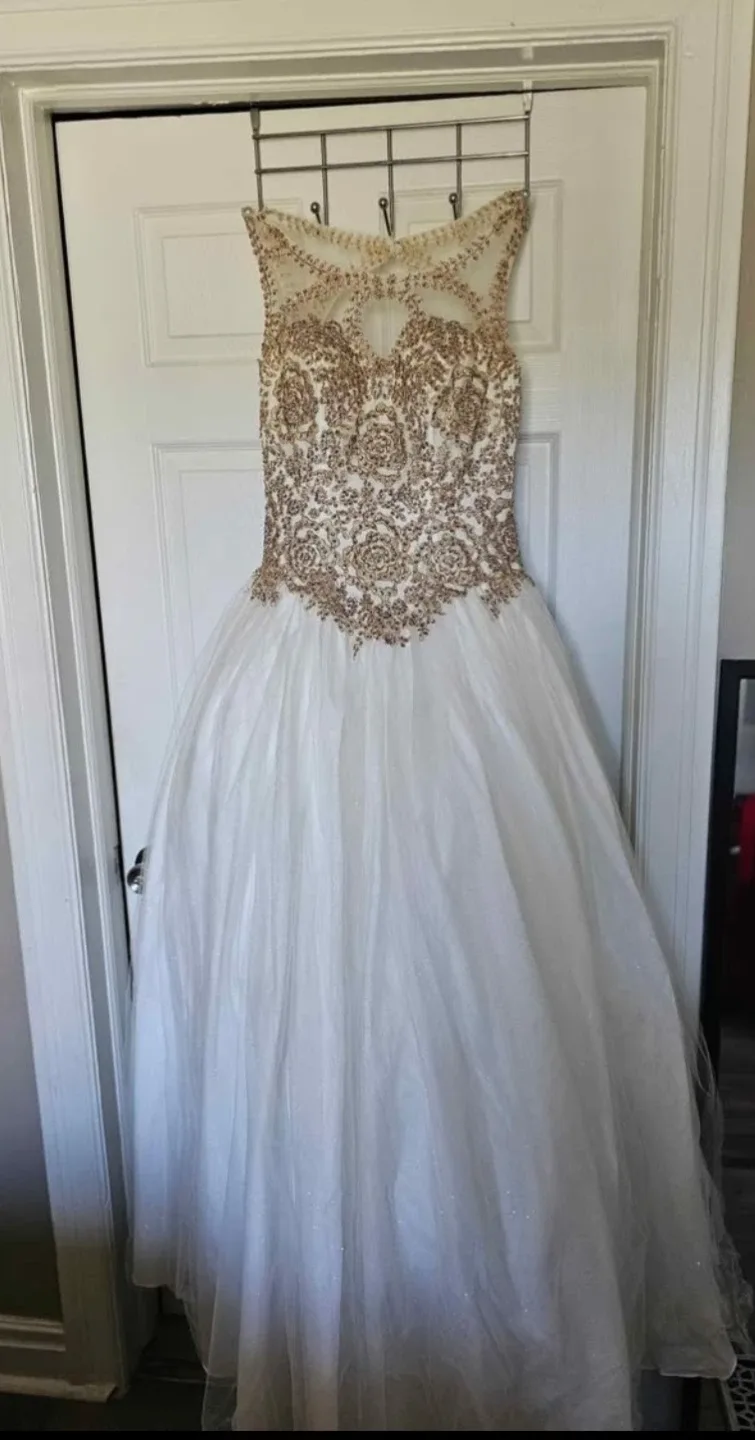 White & Gold Embellished Formal Dress