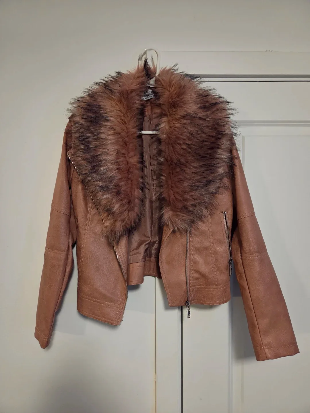 Faux Leather Jacket with Faux Fur Collar