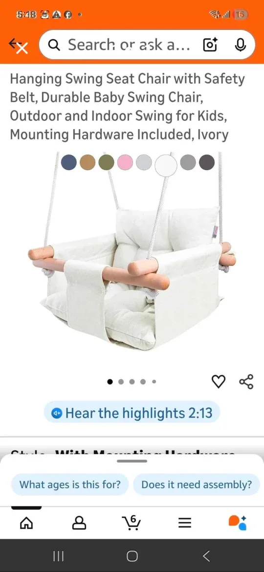 Hanging Swing Seat Chair, Ivory - New