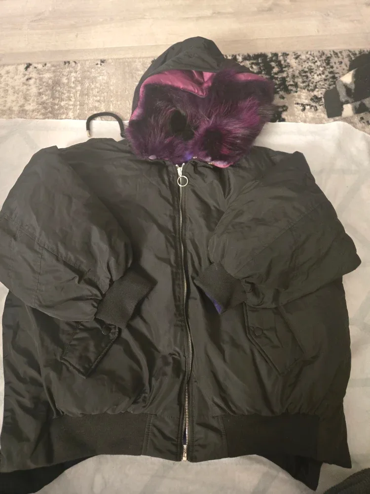 Black Bomber Jacket with Purple Fur Hood