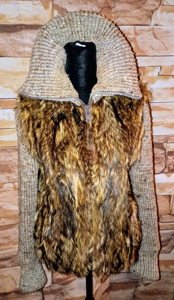 Vintage Raccoon Fur & Knit Zip-Up Jacket Sz M