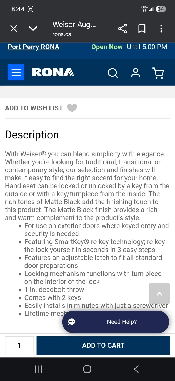 Weiser Augusta/Troy Matte Black SGL Cylinder Handle Set image indicator(7)