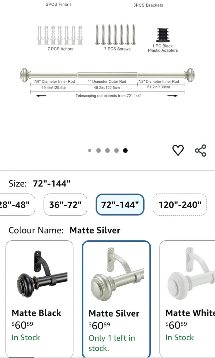 Vimayta Curtain Rod 72-144 Inches - Matte Silver image indicator(5)