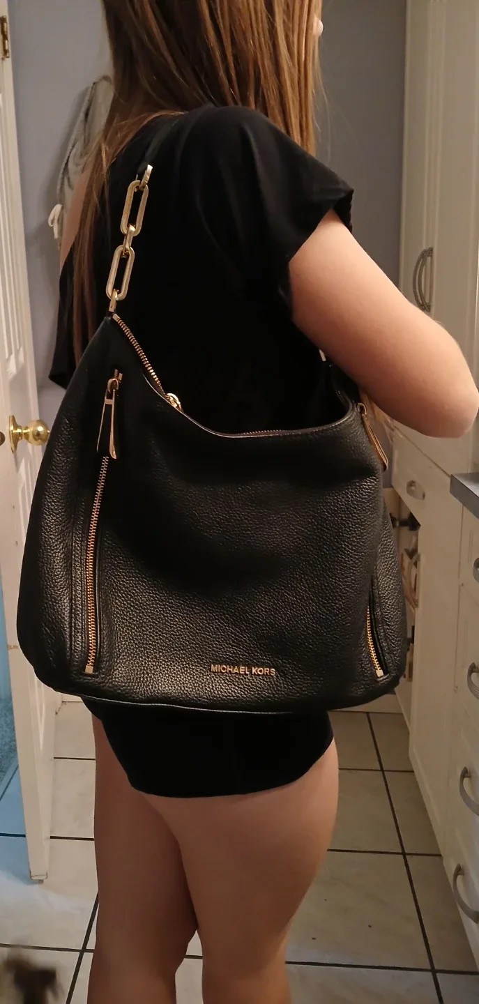 Michael Kors Genuine Black Pebbled Leather Shoulder Bag image indicator(2)