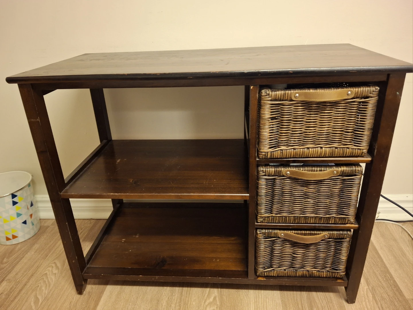 MOVING SALE Dark Wood Console Table with Wicker Baskets - photo 3