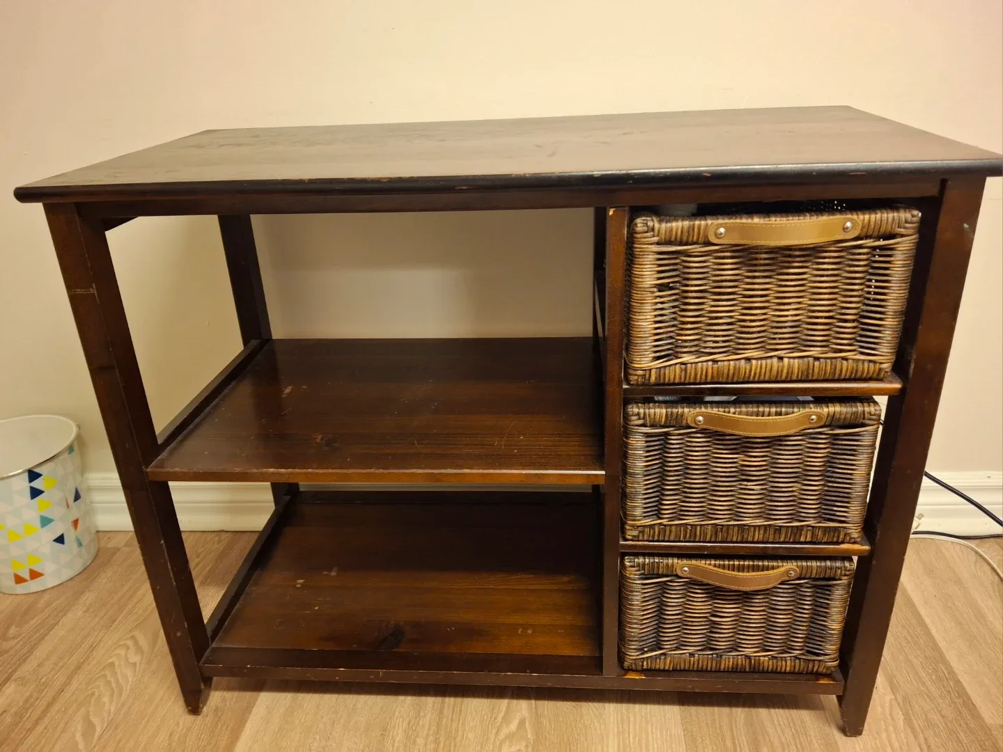 MOVING SALE Dark Wood Console Table with Wicker Baskets image indicator(3)