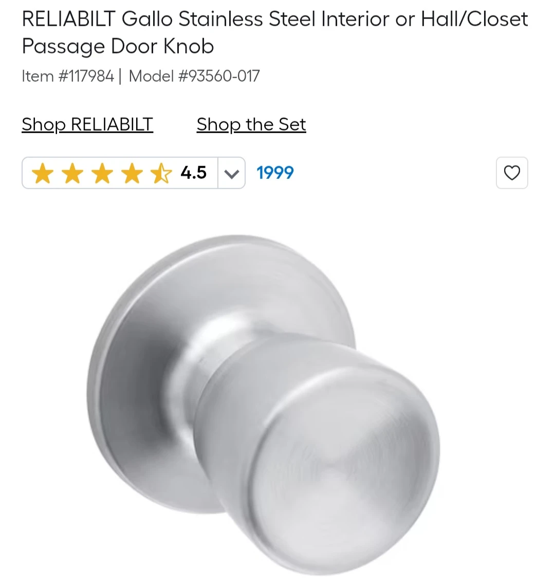 New Reliabilt Gallo Stainless Steel Door Knob