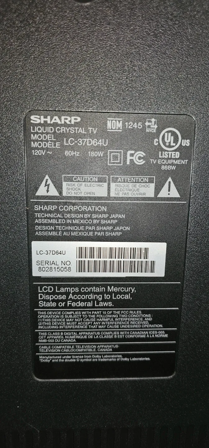 Sharp Aquos LC-37D64U 37" LCD TV