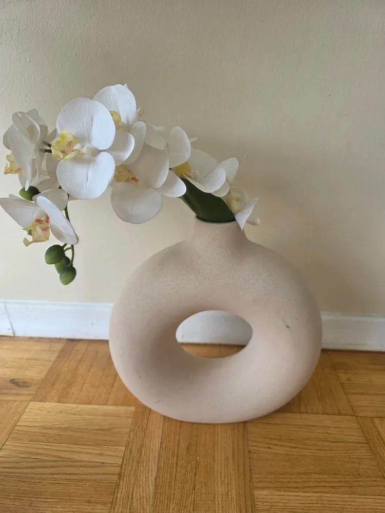 Beige Donut Vase with Artificial Orchids