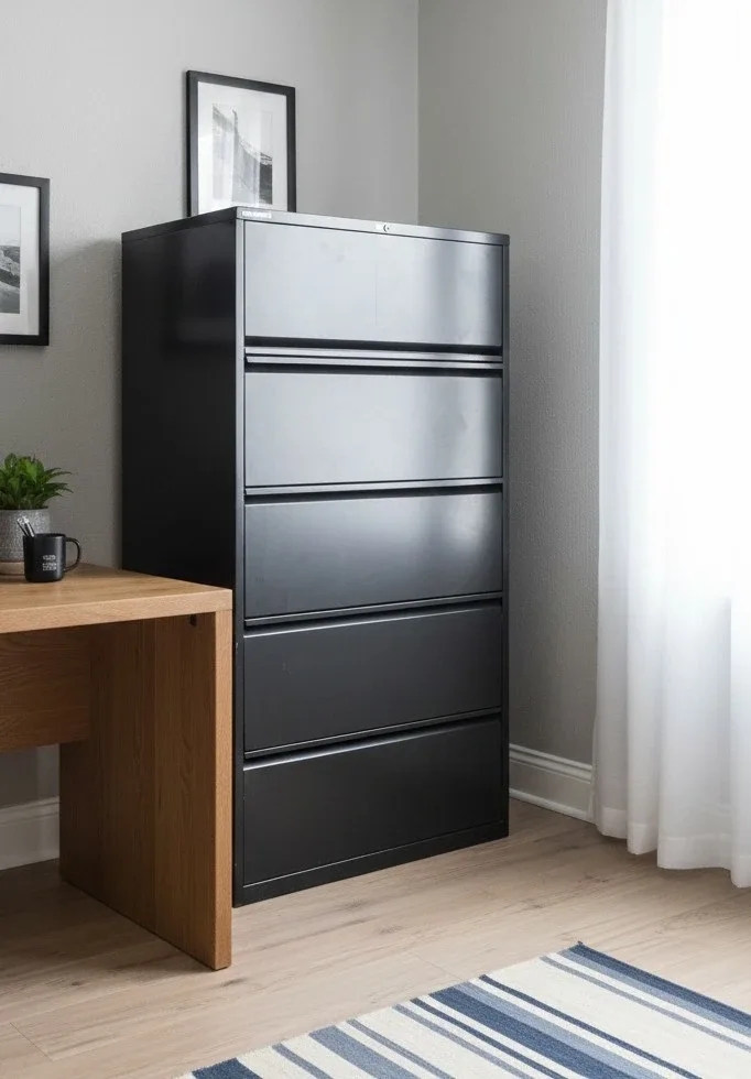 Black 5-Drawer Filing Cabinet For Sale.