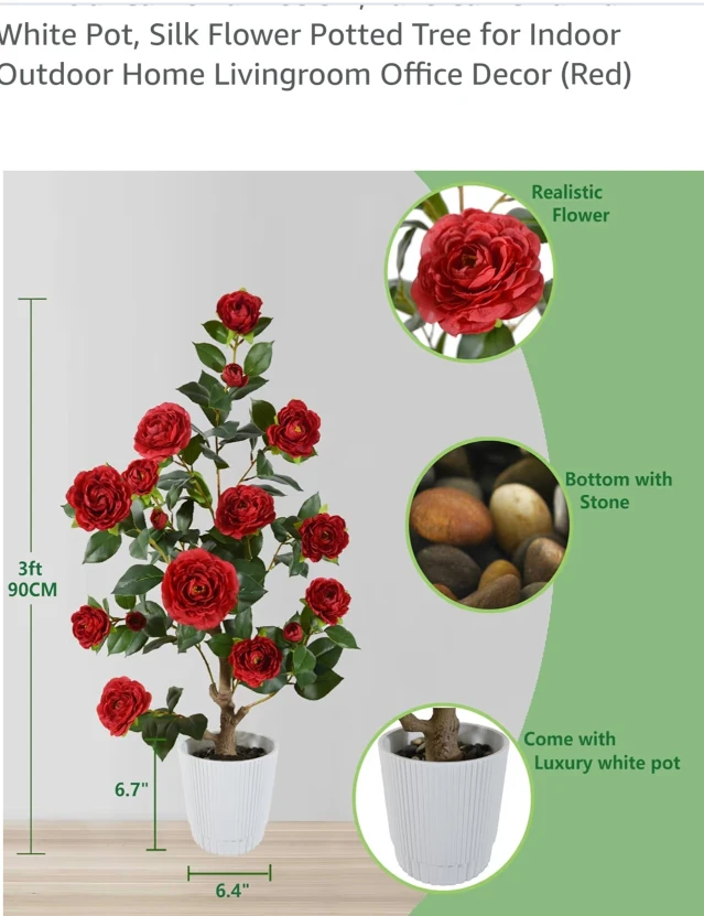 Silk Flower Potted Camellia Tree - Red, 3ft - photo 3
